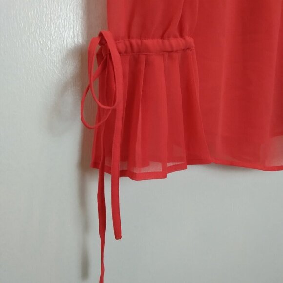 Romantic Red Ruffled Collar Long Sleeve Banded Pleated Cuff Flowy TunicTop SzS - Picture 4 of 11